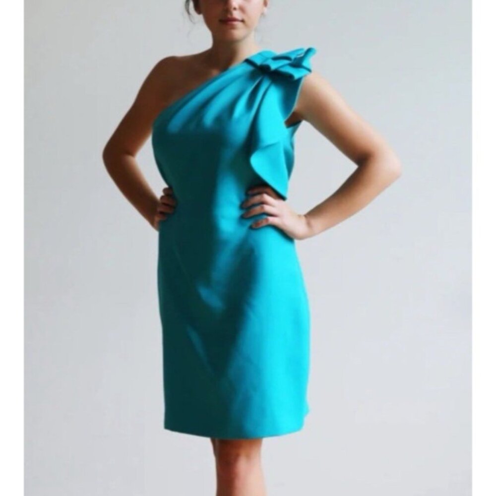 Halston Heritage Dress 4 Turquoise Blue One Pleat Shoulder Sleeveless Party $598
